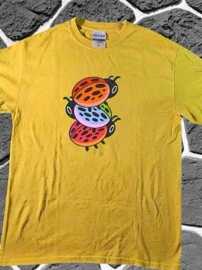 Gildan Yellow Tee with Colorful Stacked Ladybugs